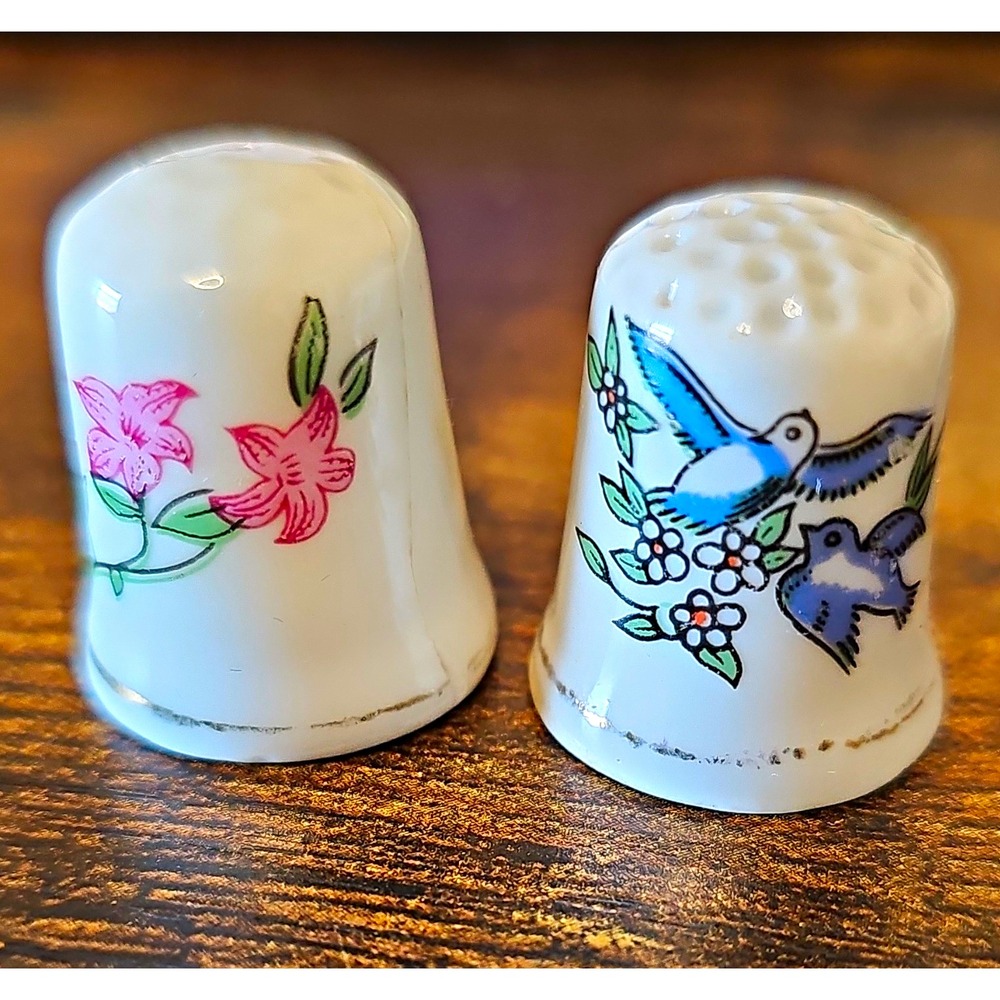 Lot of 2 White Porcelain Sewing Thimbles Floral & Blue Birds Design